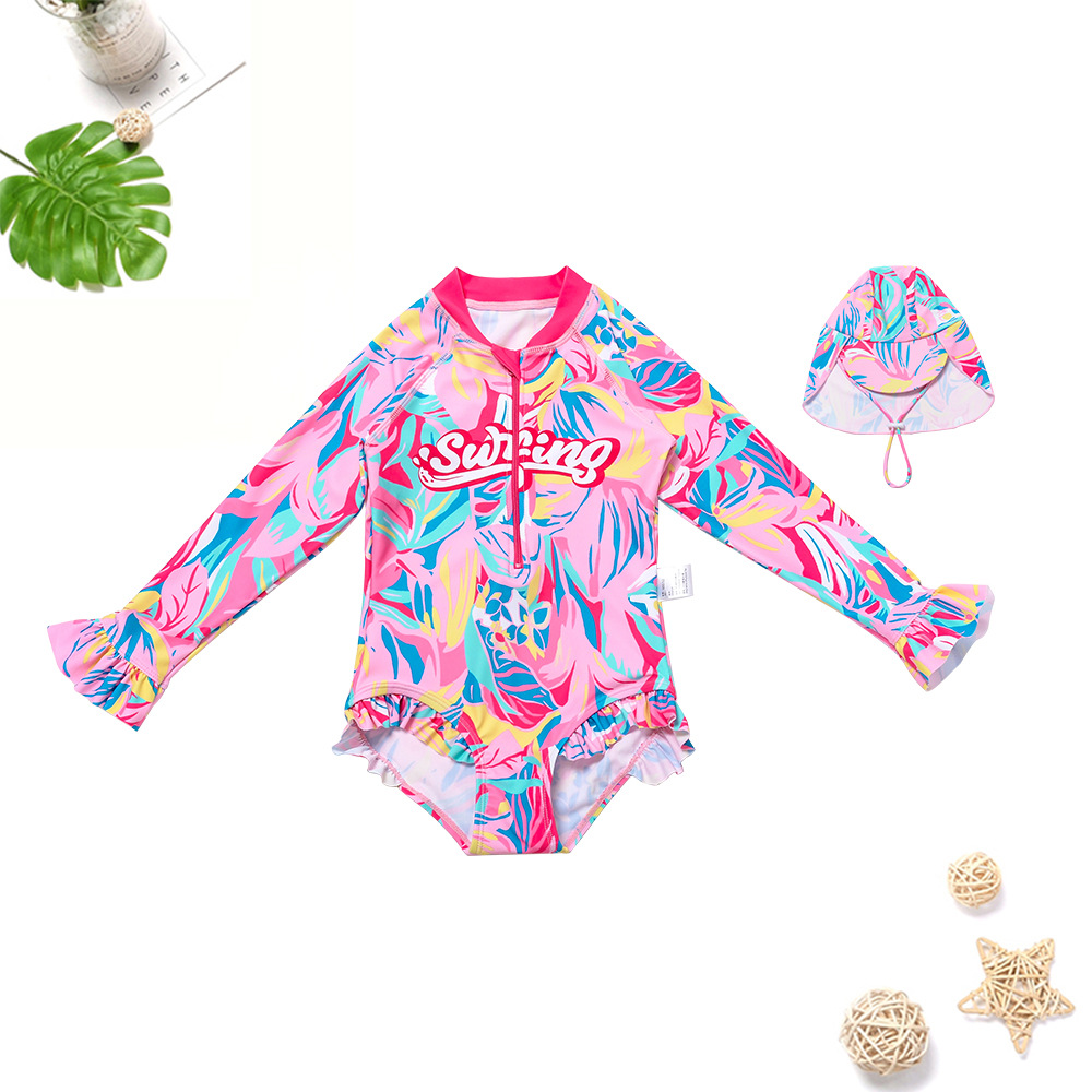 Children's Girls' Class a Pink Cute Stamen Swimsuit Upf50+ Quick-Drying Long-Sleeved Triangle One-Piece Swimsuit