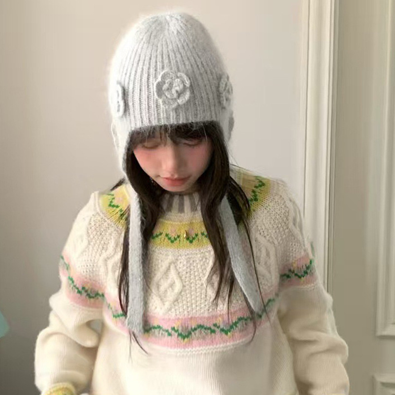 韩系兔毛绒立体玫瑰花针织帽秋冬纯色简约护耳帽保暖防寒雷锋帽子|undefined