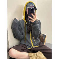 2025秋冬新款撞色连帽拉链针织开衫女宽松显瘦休闲毛衣外套上衣潮