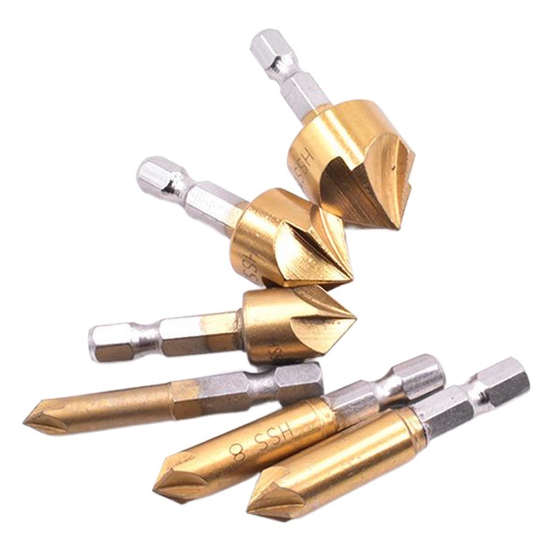 Mango hexagonal Dispositivo de biselado de cinco cuchillas de titanio chapado 90 grados de acero al carbono desbarbado agujero abridor traje 6-19mm carpintería biselado cuchillo