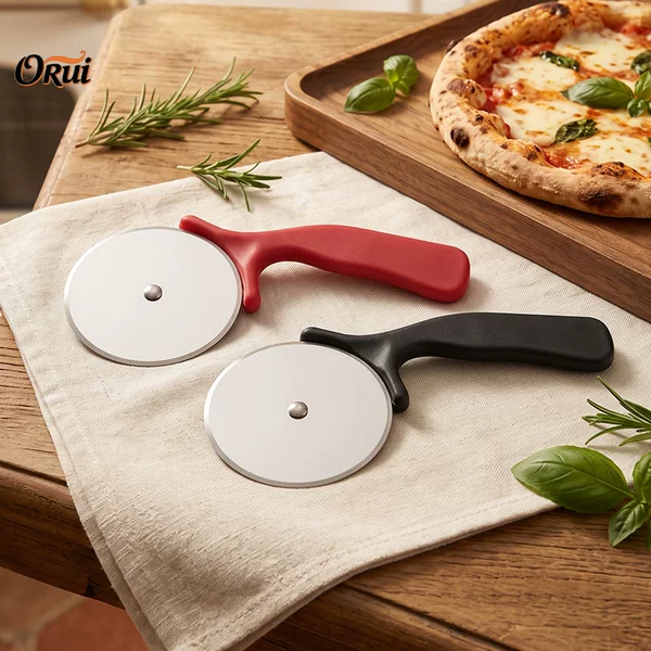 Mini Pizza Wheel Knife, Plastic Curved Handle Roller Knife with Hand Guard, Stainless Steel Pizza Cutter, Custom Logo