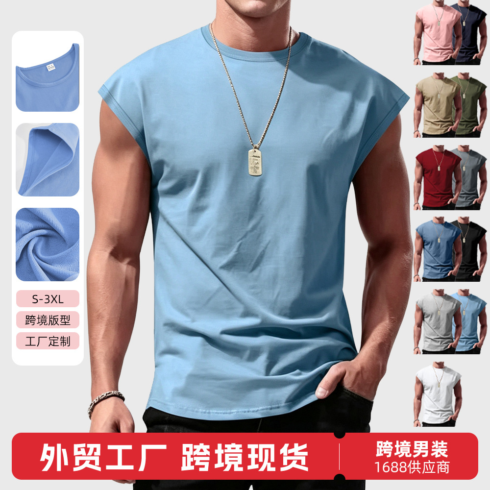 Cross-border foreign trade eBay summer men's sleeveless T-shirt with ribbed texture, loose fit, solid color, fitness casual tank top