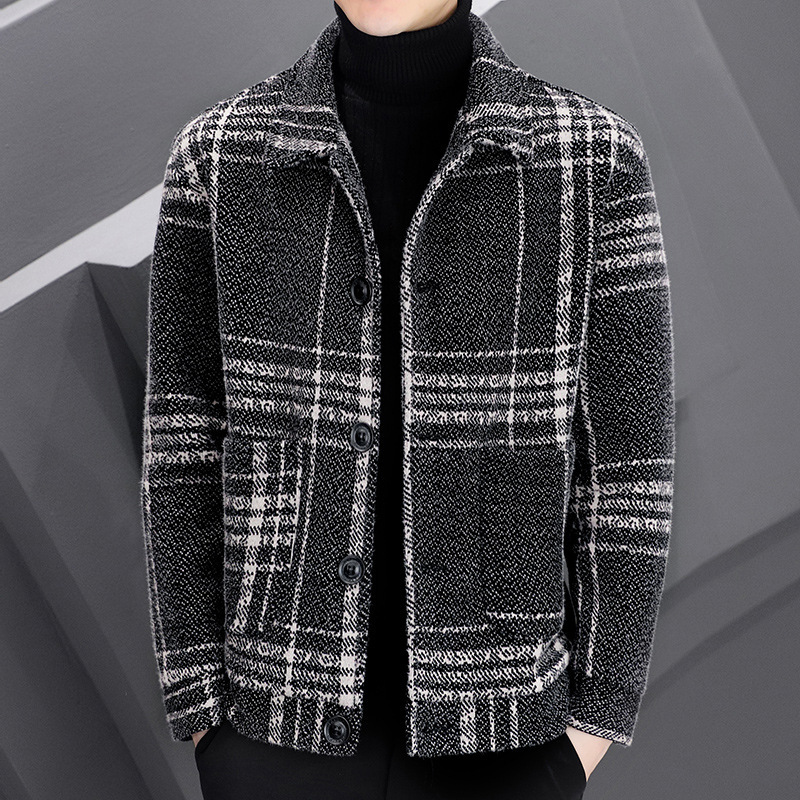 2026 Autumn Men's Plaid Stand Collar High-end Woolen Jacket Slim Fit Business Coat 2026 Autumn Men's Plaid Stand Collar High-end Woolen Jacket Slim Fit Business Coat