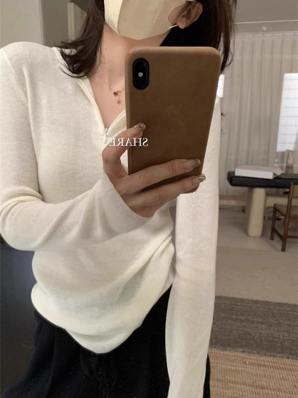 韩系温柔半拉链连帽针织衫女秋冬内搭慵懒修身打底毛衣设计感上衣|undefined