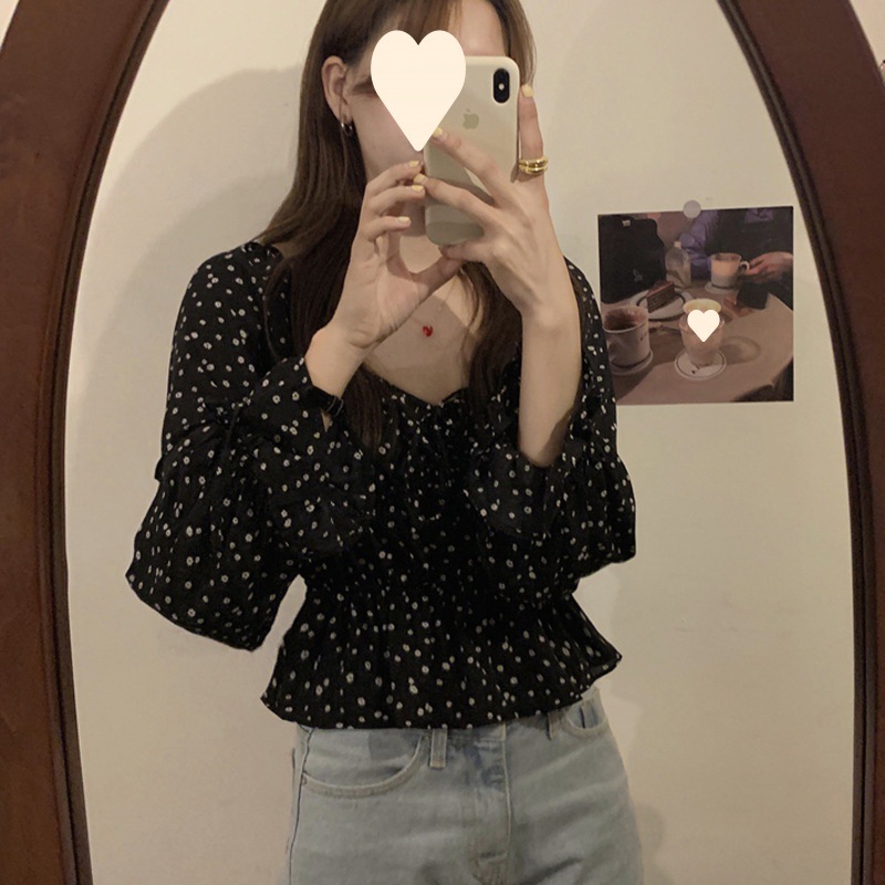 Spring and Autumn French Retro Niche Design Square Collar Floral Ruffled Waist Slimming Chiffon Shirt Long-Sleeved Shirt for Women