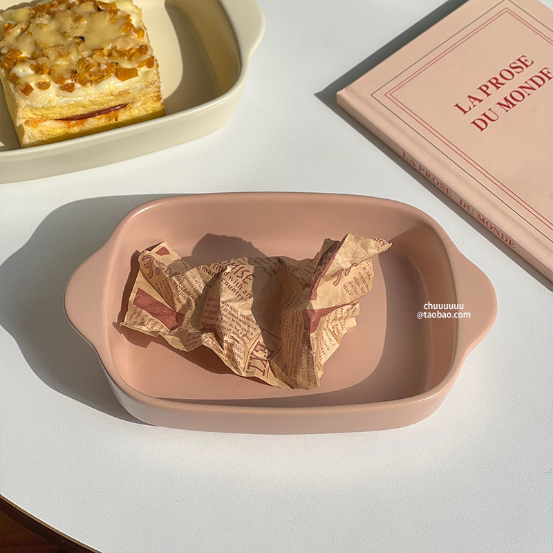 Ins风クリーム色両耳焼き皿セラミック电子レンジオーブン用チーズグラタン皿角型両耳焼きボウル|undefined