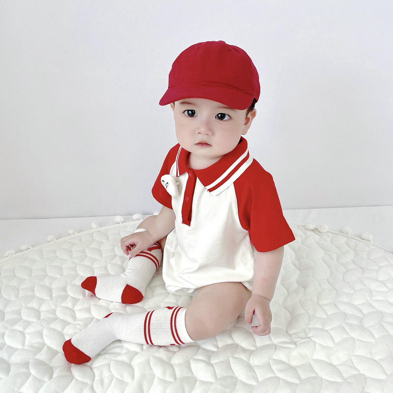 Bebé verano nuevo mono estilo coreano niños y niñas casual deportes estilo solapa rojo y blanco costura dibujos animados vaina