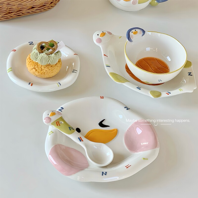 Internet Celebrity Cute Lying Flat Duck Tableware suit Household Ceramic Rice Bowl ins Style High Beauty Value Soup Bowl Yogurt Bowl
