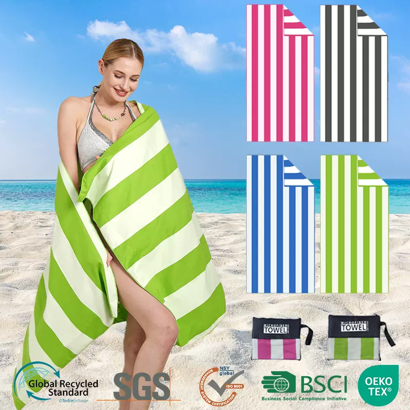 条纹双面绒速干沙滩巾超细纤维游泳海滩印花浴巾吸水大尺寸毛巾