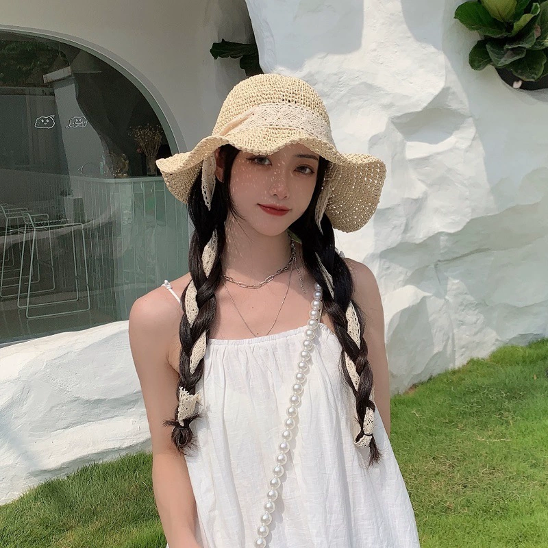Beach straw sun hat for photo sessions solar-powered, for teenagers, french style, sun protection, beach style