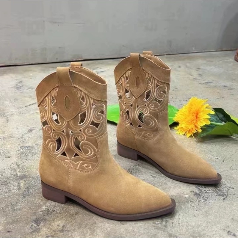 Women's Shoes flower new western cowboy boots embroidery hollow women's thick heel V neck knight boots women's ethnic style retro short_ipsvogv.com