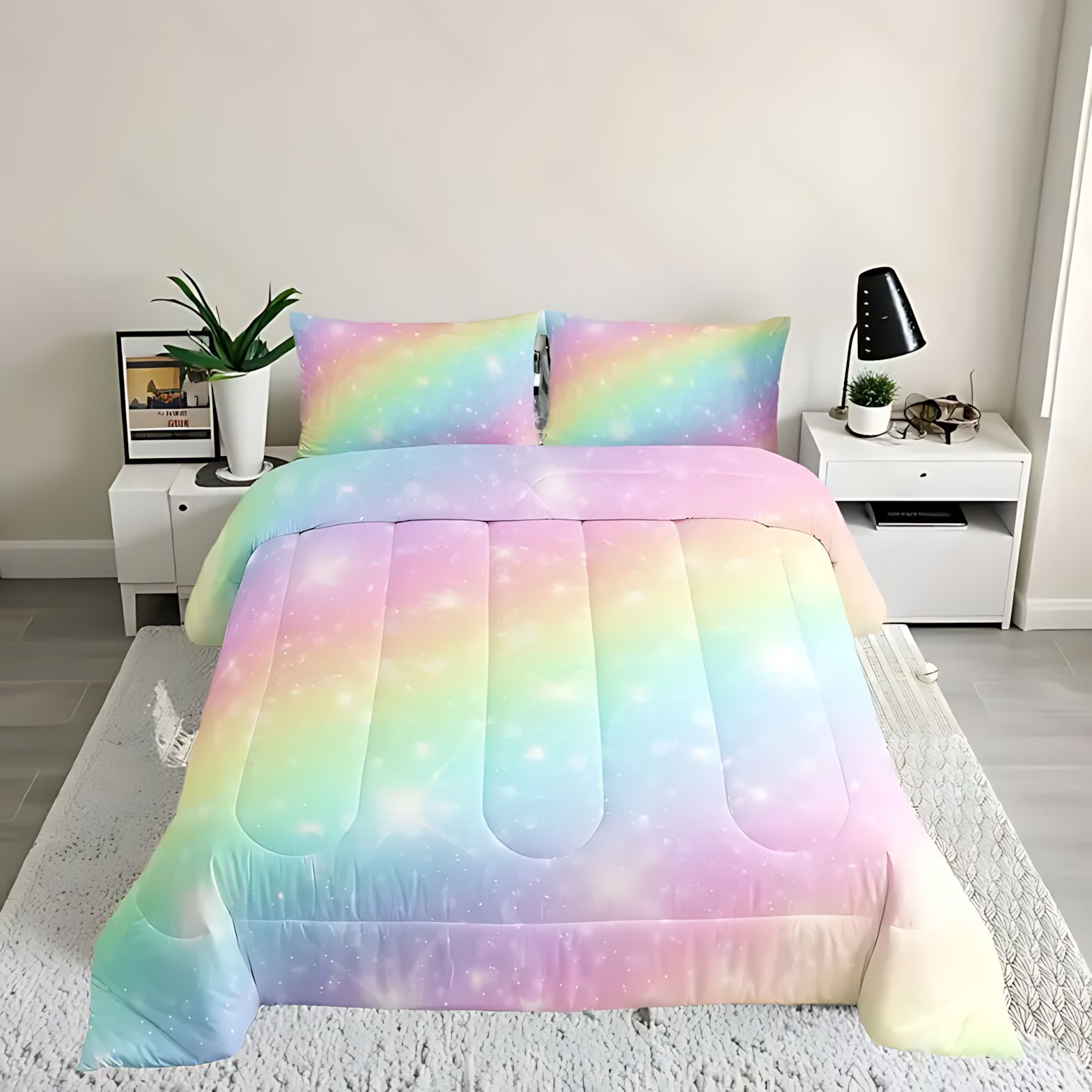 TEMU / JIT transfronterizo textil casero arco iris gradiente impresión digital 3D 180gms colchacha colchón conjunto de almohada se puede ajustar