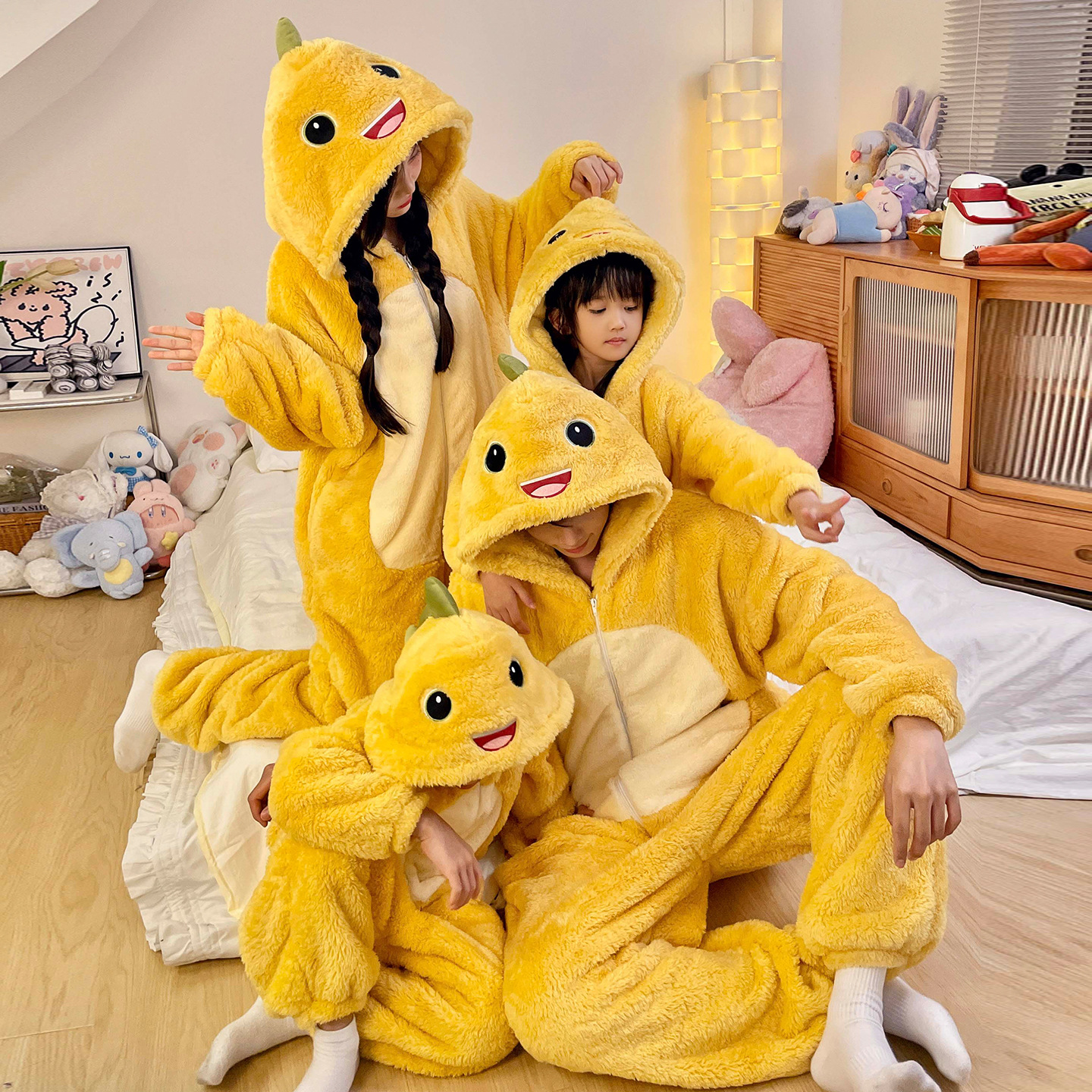 Funny Milk Dragon Pajamas One-Piece Family Matching Outfit Winter Coral Fleece Boys' Warm Sleeping Bag Children's Hooded Loungewear Girls