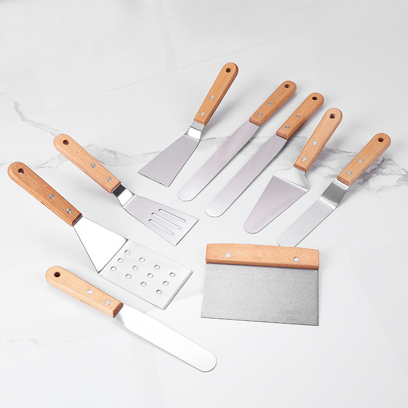Cross-border stainless steel kitchenware beech handle fried fish spatula multi-functional cooking tools baking spatula barbecue cooking spatula Cross-border stainless steel kitchenware beech handle fried fish spatula multi-functional cooking tools baking spatula barbecue cooking spatula