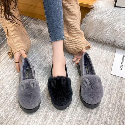 Insulated outerwear women's shoes 2024 new model thick sole fuzzy boots women genuine rabbit fur lined warm cotton shoes for women
