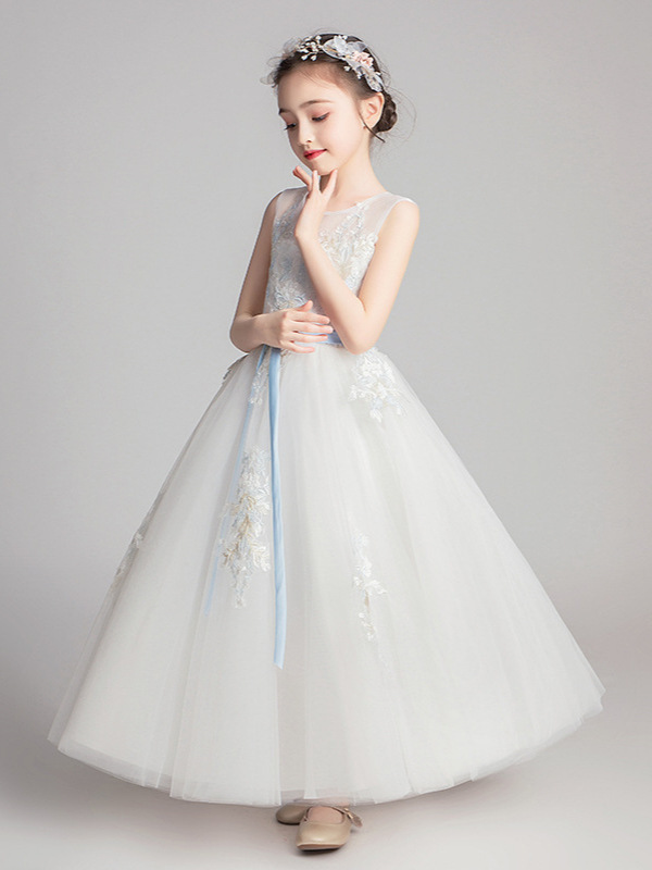 Vestido de princesa formal para niñas pequeñas, traje de actuación con ribetes de encaje, atuendo blanco largo para fiesta de cumpleaños infantil.