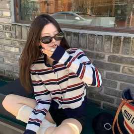 春秋季打底衫长袖条纹针织衫圆领miu系小狗开衫跨境外贸小外套女