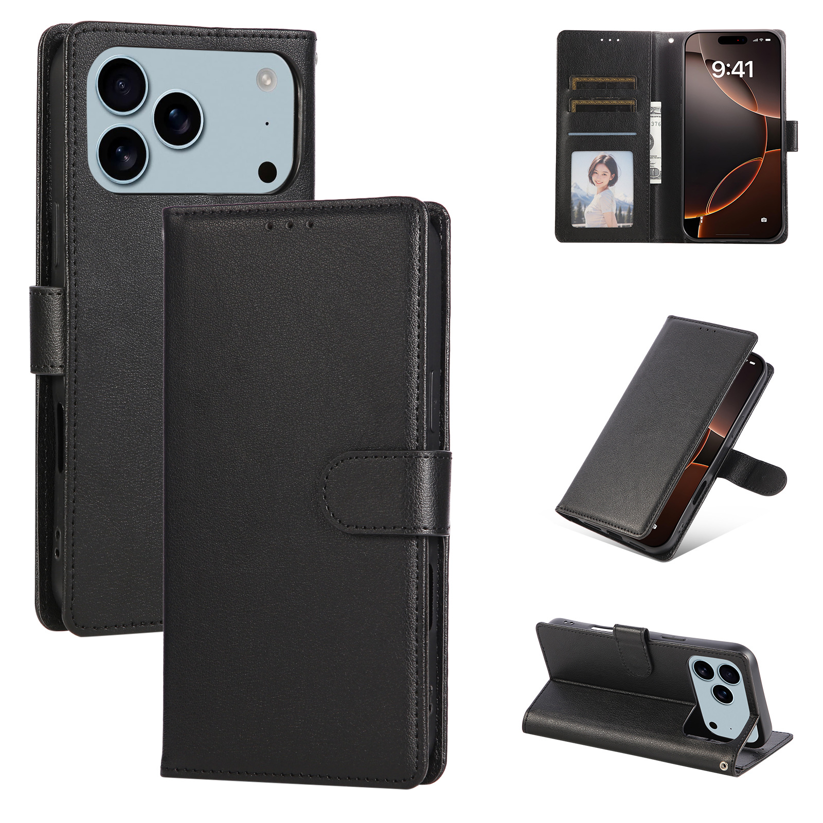 Suitable for Apple 17E Three-Card Frame Style iPhone 17/Air/16/15 Card-Inserting Phone Leather Case