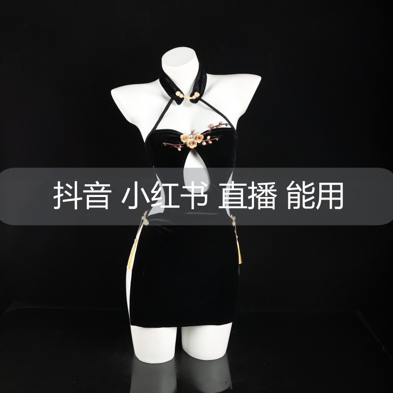 레몬 스토리 수놓은 가슴 높은 슬릿 벨벳 청삼 섹시 속옷 여성 섹시 벗은 뒤로 젖혀있다 파자마 8330
