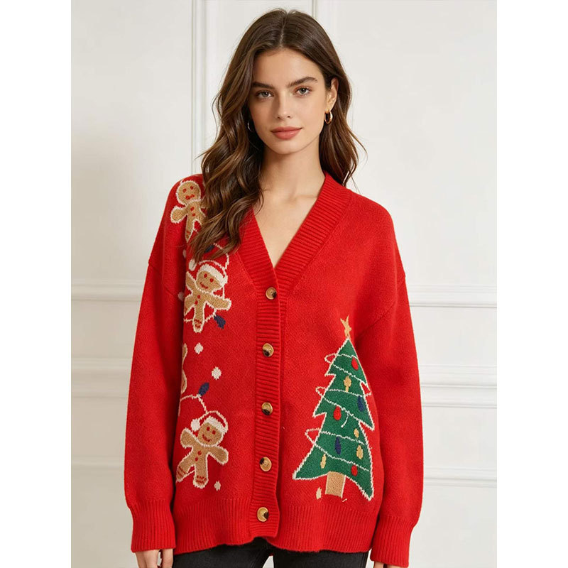 Cross-Border Christmas Tree Red Sweater Cardigan for Women 2026 Spring New Style Plus Size Fat mm Atmospheric Knitted Cardigan for Women
