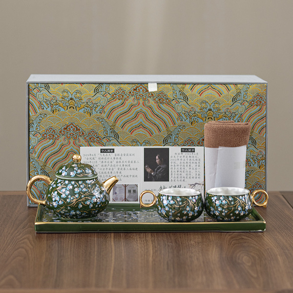 掐絲銀琺瑯彩泡茶壺帶茶盤高檔描金功夫茶具套組家用禮盒裝