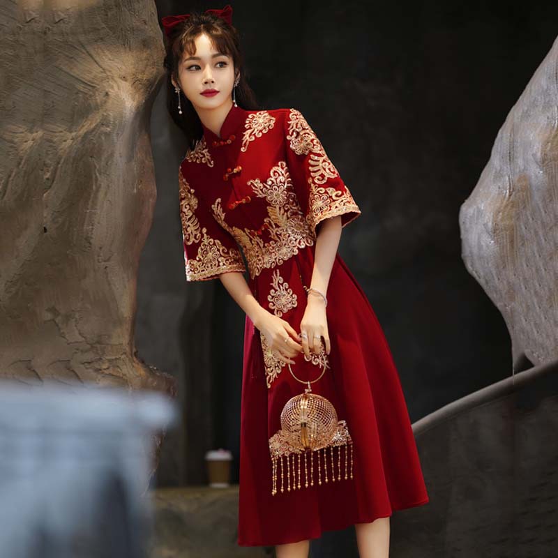 Vestido de novia para brindis 2026, nuevo vestido de verano para compromiso y fiesta de graduación, vestido rojo vino estilo chino para brindis de boda para mujer.
