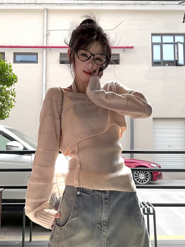 韩系chic早秋穿搭两件套修身挂脖背心套装针织衫镂空毛衣别致上衣|undefined