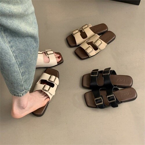 Ladies Slippers, Summer Outerwear, Korean Style French Retro Fairy Wind Beach Sandals, Flat Baren Slippers