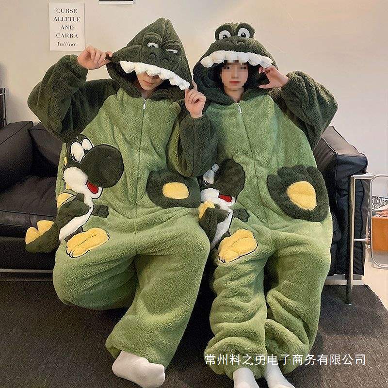 Couple Pajamas One-Piece Women's Autumn All-Season Fleece-Lined All-Season Coral Velvet Cartoon Cute Loose Large Size Men's Home Clothes
