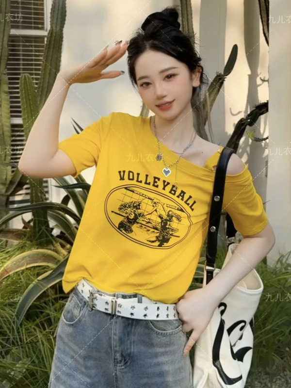 【綿92・スパンデックス8】オフショルダー半袖スリムフィットショートプリントTシャツレディース万能ボトムスシャツ|undefined
