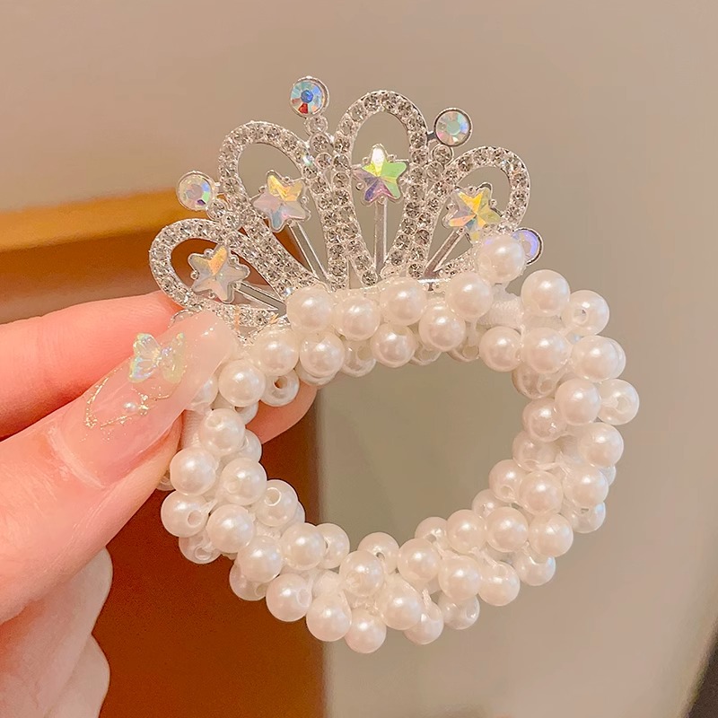 Cuerda de pelo de princesa para niños Super Fairy Girl Pearl Crown hair Ring tie Ball Head accesorios para el cabello Girl Crown hair rope tocado