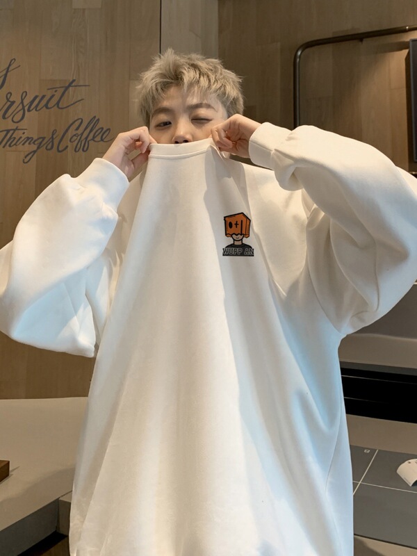 New Suede Round-Neck Sweatshirt for Men 2026 Spring and Autumn American Retro Jacket with Cartoon Print Design Long Sleeves