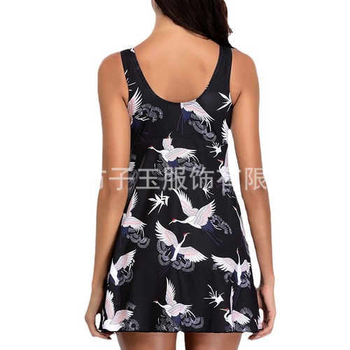 Women's Conservative European and American Plus-Size Swan Print Split Sexy Bikini One-Piece Swimsuit