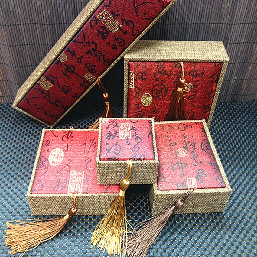 复古首饰盒古诗文木质麻布流苏佛珠盒手镯吊坠首饰包装饰品珠宝盒