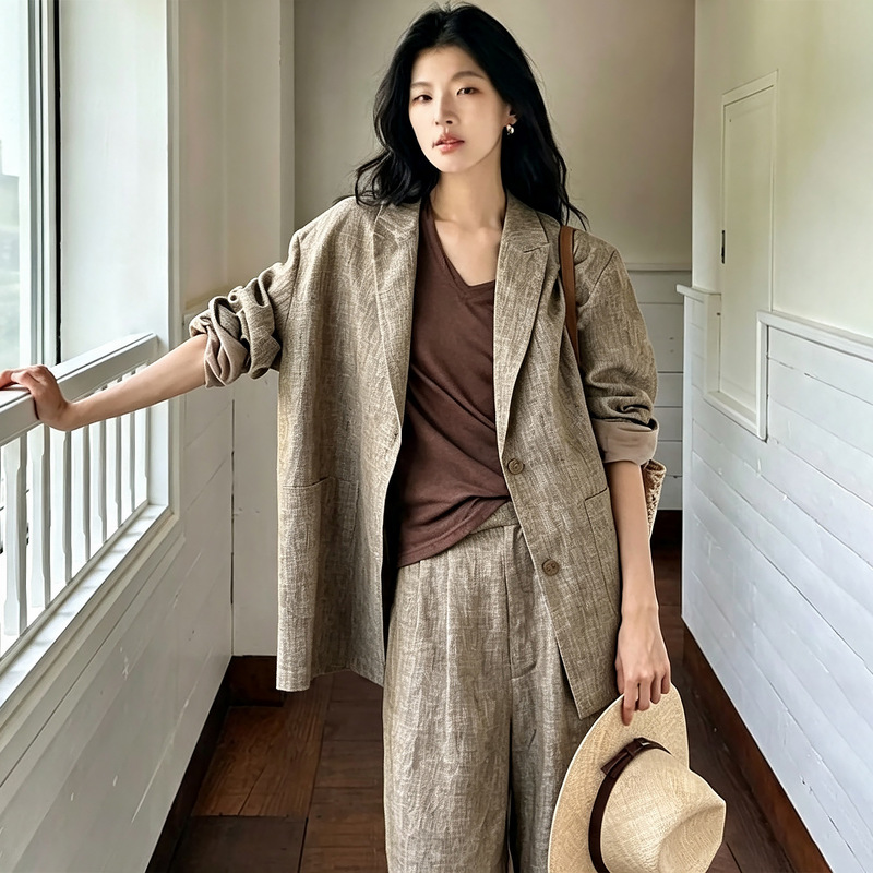 French-style natural linen textured women's autumn casual workwear suit, loose linen jacket for vacation