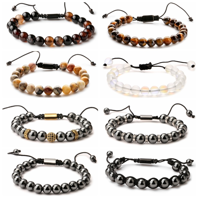 Amazon Venta caliente natural Tigre ojo Piedra Negro biliar piedra pulsera tejida a mano Piedra Natural pareja pulsera de cuentas