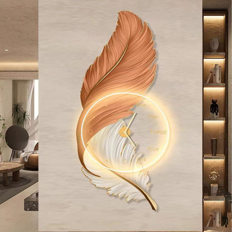 Modern Light Luxury Feather Entrance Decorative Painting Facing the Door Acrylic with Clock Corridor Wall Lamp Hanging Painting