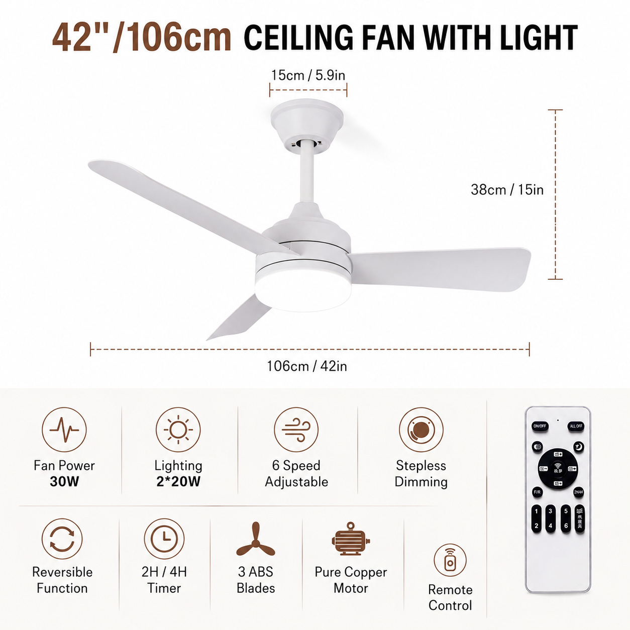 Ventilador de Techo con Luz de PC y ABS con Control Remoto para Dormitorio y Restaurante