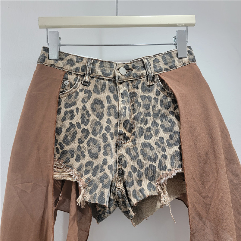Pantalones Cortos de Mezclilla con Estampado de Leopardo de Mezclilla y Poliéster Empalmado Ligeramente elástico para Fiesta y Salidas