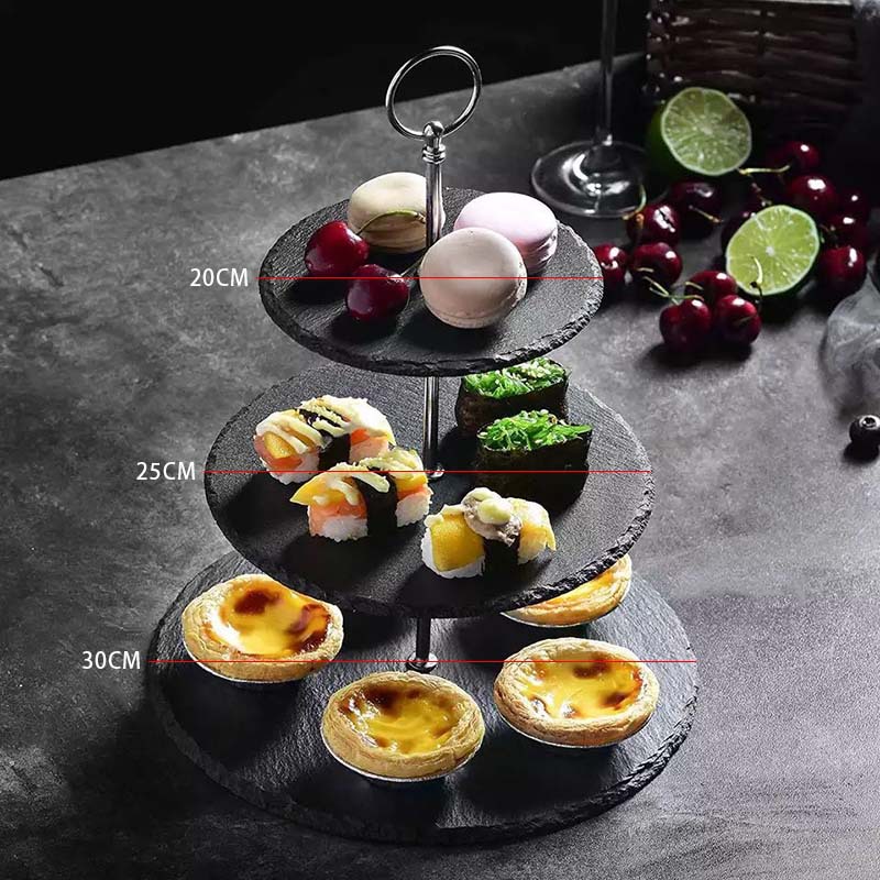 Rock Placa de tres capas Placa de cadena té de la tarde japonesa plato de fruta de la boda de doble capa postre pastel soporte postre soporte de exhibición