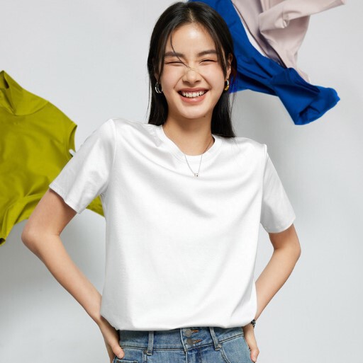 2024 Summer Solid Color 60S Liquid Ammonia Pure Cotton Regular Shoulder T-Shirt for Women, Mercerized Cotton Short Sleeve Base Shirt, Trendy and Versatile