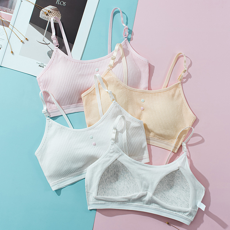 纯棉少女文胸内衣学生发育期带胸垫一体防走光运动防震吊带抹胸