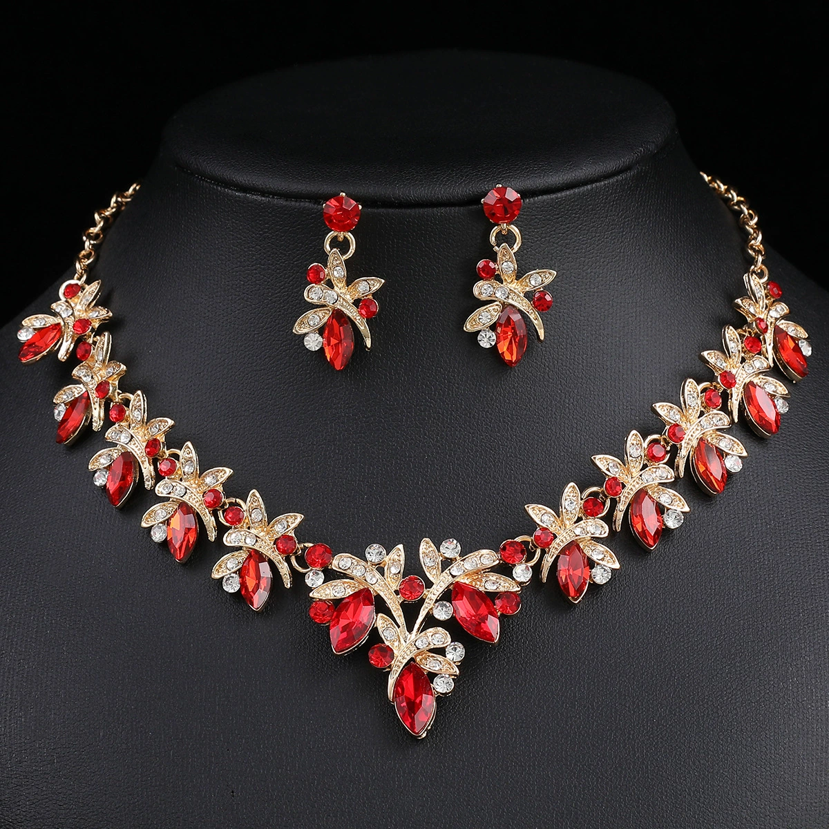 Earrings, necklace, chain, metal glass set, stone inlay, wedding dress, accessories, European style, dragonfly, for import