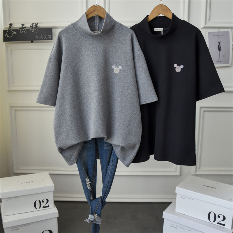 大码短袖t恤女磨毛半高领镶钻卡通加厚打底衫宽松显瘦简约半袖潮T