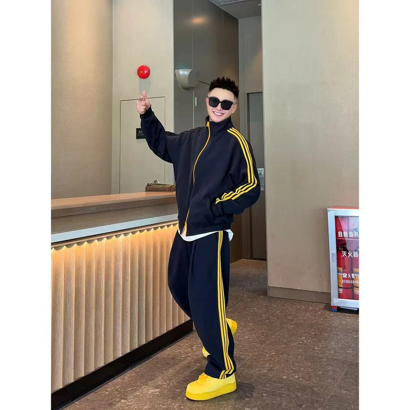 语乐同款美式撞色三条杠运动立领卫衣休闲舒适宽松长裤潮流感套装|undefined