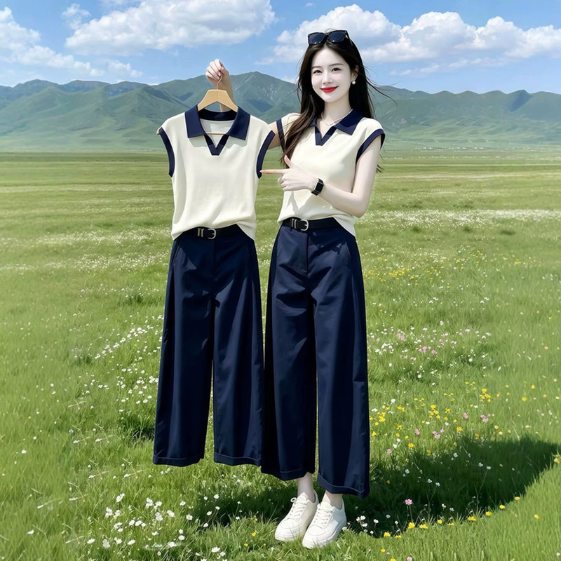 Rofin Niche Fabric Designer's Story: Women's Summer Color-Block Collared Short-Sleeve Top + Nine-Quarter Wide-Leg Pants Set Rofin Niche Fabric Designer's Story: Women's Summer Color-Block Collared Short-Sleeve Top + Nine-Quarter Wide-Leg Pants Set