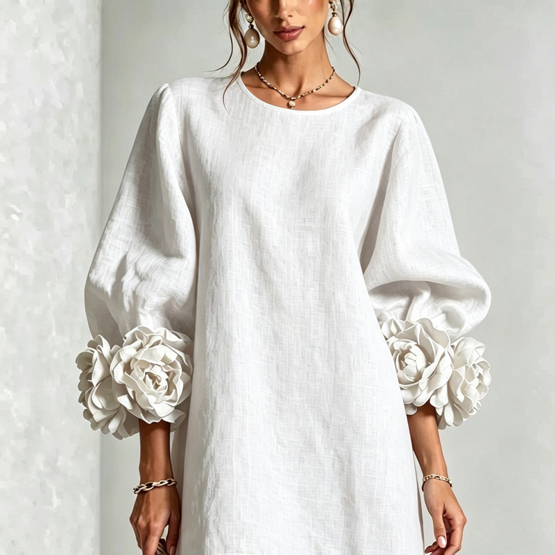 Cross-border Amazon 2026 Autumn New European and American Independent Station Fashion Women's French Style Three-Dimensional Floral Lantern Sleeve Dress
