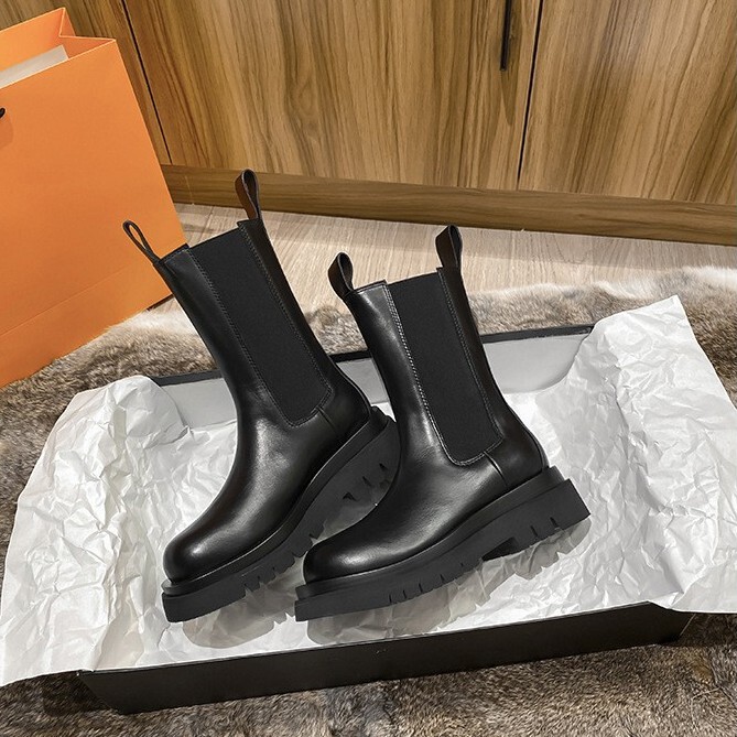 Full Cowhide ~ Genuine Leather Inner Heightening Boots for Women, British Style Mid-calf Thick-soled Chimney Chelsea Boots, Autumn Short Boots