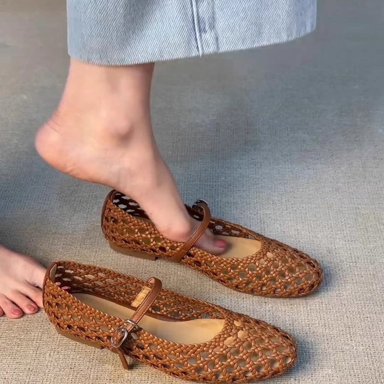 フレンチスタイルの中空織りフラットメッシュサンダル、女性用夏織りワンラインバックルストラップ浅い豚かご靴|undefined