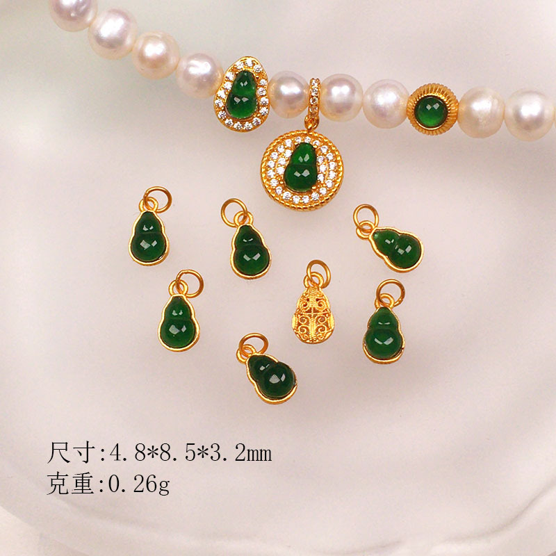 Natural Yang Green Jade S925 Silver Gold-Plated Gourd Accessories Bracelet Necklace String DIY Handmade Bead Semi-Finished Product